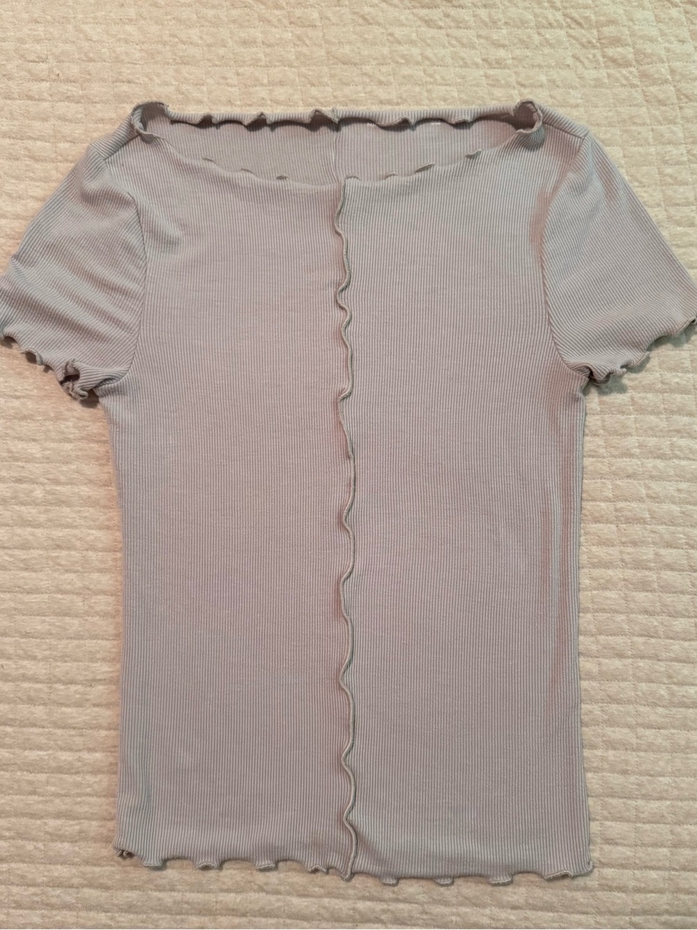 Abercrombie & Fitch Lettuce-Trim Ribbed Short Sleeve Top - Light Taupe
